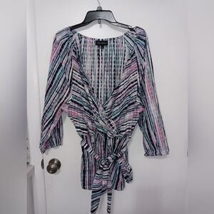 Lane Bryant Long Sleeve Crossover front tie up elastic waist striped blouse